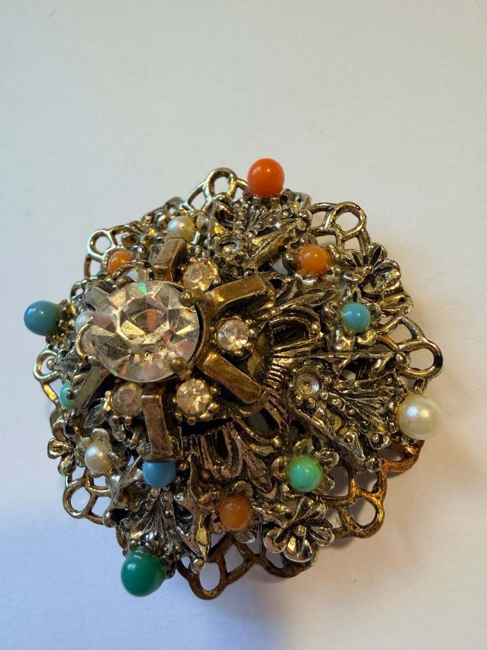 Vintage West Germany Gold Tone Filigree Brooch Multi-Color Beads and Rhinestones
